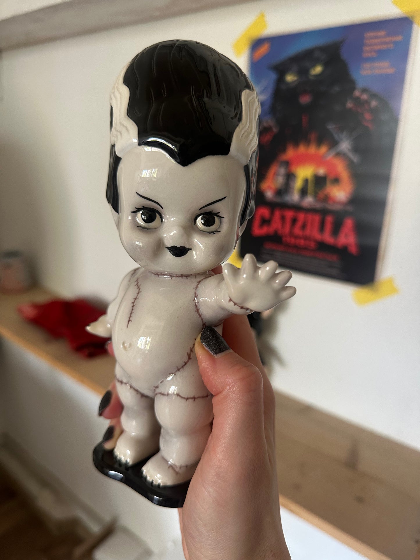 Bride of Frankenstein Kewpie Doll Figurine — Glossy Ceramic Sculpture